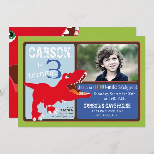 Roter T-Rex Dinosaurier-dritte Einladung (Vorne/Hinten)