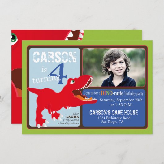 Roter T-Rex Dinosaurier-vierte Einladung (Vorne/Hinten)