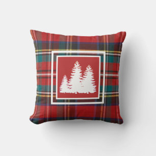 Roter Tartan Kariert mit Kiefernbaum Silhouette Kissen