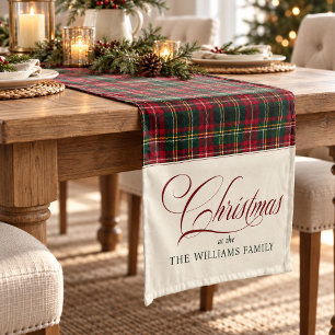 Roter Tartan Karo Weihnachts-Familienname Schriftz Kurzer Tischläufer