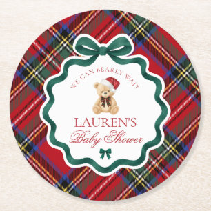 Roter Tartan Karo Weihnachtsbär Baby Shower Runder Pappuntersetzer