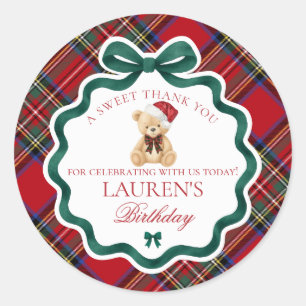 Roter Tartan-Karo-Weihnachtsbär-Geburtstagsfavorit Runder Aufkleber