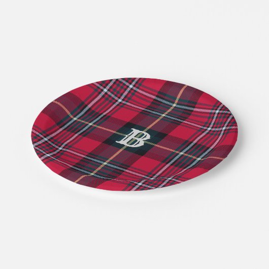 Roter Tartan mit (oder ohne) Monogramm Pappteller (Schrägansicht)