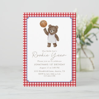 Roter Teddy Rookie Jahr 1. Geburtstag Basketball Einladung