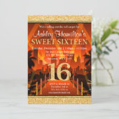 Roter Teppich-Stadt-GoldGlitzer-Bonbon 16 Einladung (Stehend Vorderseite)