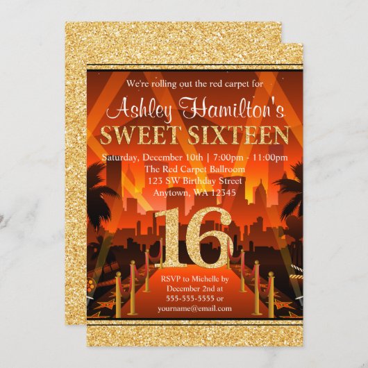 Roter Teppich-Stadt-GoldGlitzer-Bonbon 16 Einladung (Vorne/Hinten)