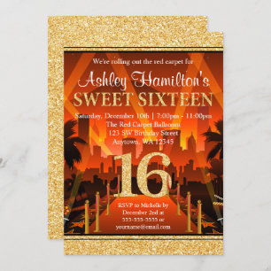 Roter Teppich-Stadt-GoldGlitzer-Bonbon 16 Einladung