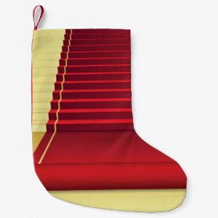 Roter Teppichboden Eleganz: Vintager Hintergrund. Kleiner Weihnachtsstrumpf