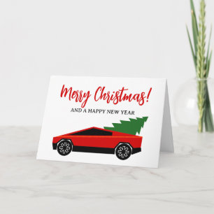 Roter Tesla-Lkw mit Weihnachtsbaum auf der Ladeflä Feiertagskarte