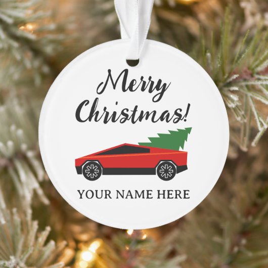 Roter Tesla-Pickup-Truck mit Weihnachtsbaum Ornament (Baum)