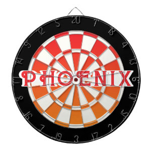Roter Text von PHOENIX in rot-orangefarbenem Schwa Dartscheibe