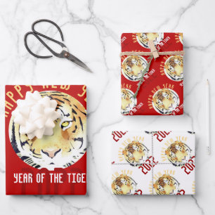 Roter Tiger Wasserfarbe Chinesisches Neujahr 2022  Geschenkpapier Set