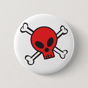 Roter Totenkopf mit gekreuzter Knochen Button