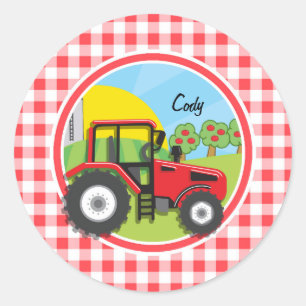 Roter Traktor auf rotem und weißem Gingham Runder Aufkleber