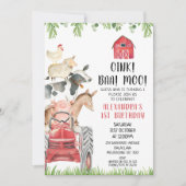 Roter Traktor Farm Tiere Oink Baa Moo 1. Geburtsta Einladung (Vorderseite)