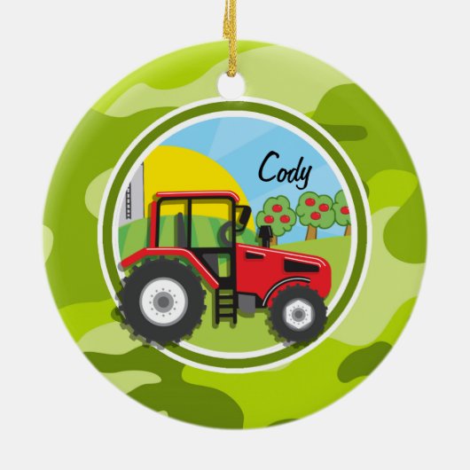 Roter Traktor; hellgrüne Camouflage, Tarnung Keramik Ornament (Hinten)