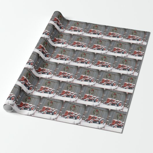 Roter Traktor mit Weihnachtskranz Geschenkpapier (Ungerollt)