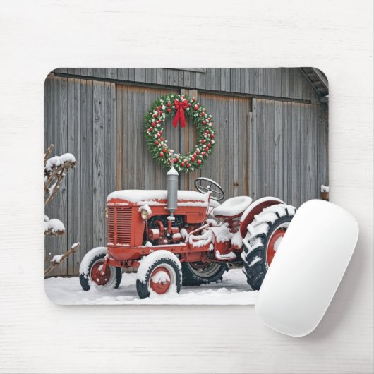 Roter Traktor mit Weihnachtskranz Mousepad (Mit Mouse)