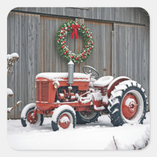 Roter Traktor mit Weihnachtskranz Quadratischer Aufkleber