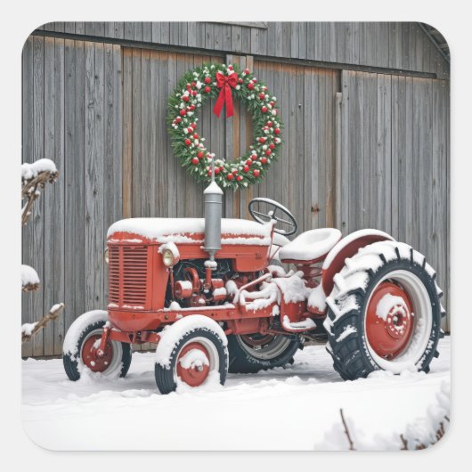 Roter Traktor mit Weihnachtskranz Quadratischer Aufkleber (Vorderseite)