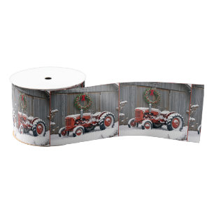 Roter Traktor mit Weihnachtskranz Ripsband