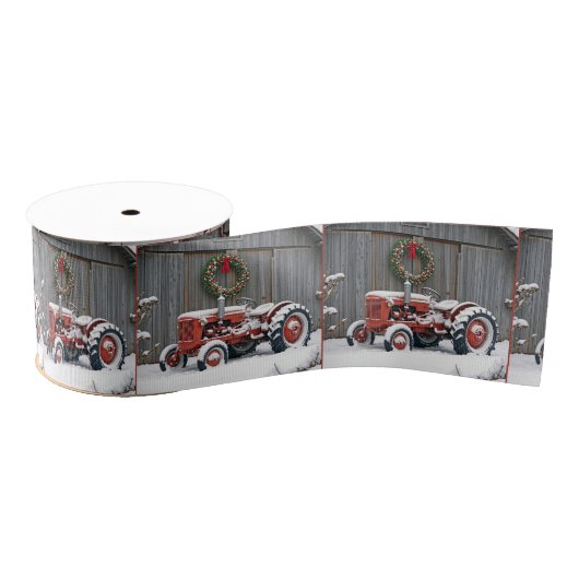 Roter Traktor mit Weihnachtskranz Ripsband (Spule)