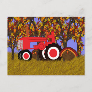 Roter Traktor von Herbst Bäume und Truthühner Post Postkarte
