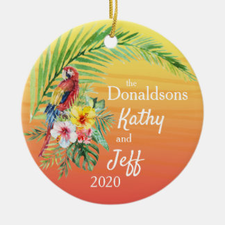 Roter tropischer Papagei Palmblättrige Blume Namen Keramik Ornament