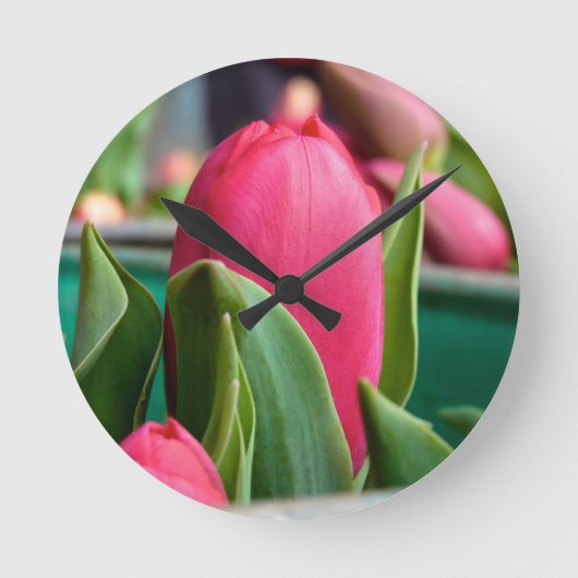 Roter Tulip in der Frühlingsmauer Runde Wanduhr (Vorderseite)