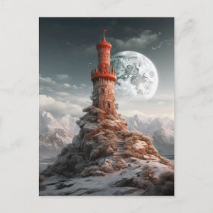 Roter Turm Vollmond Landschaft Fantasie Art Postkarte