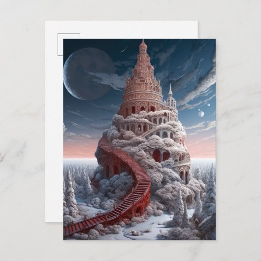 Roter Turm Winter Landschaft Fantasy Art Postkarte (Vorne/Hinten)