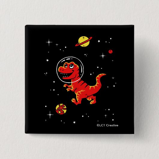 Roter Tyrannosaurus Rex Dinos im All Button (Vorderseite)