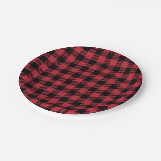 Roter u. schwarzer Büffel kariertes 7" Pappteller (Schrägansicht)