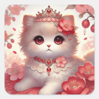 Roter Ume Plum Blossom Princess Cat Quadratischer Aufkleber