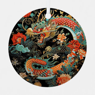 Roter und Aquamariner asiatischer Drache mit Blume Ornament Aus Metall