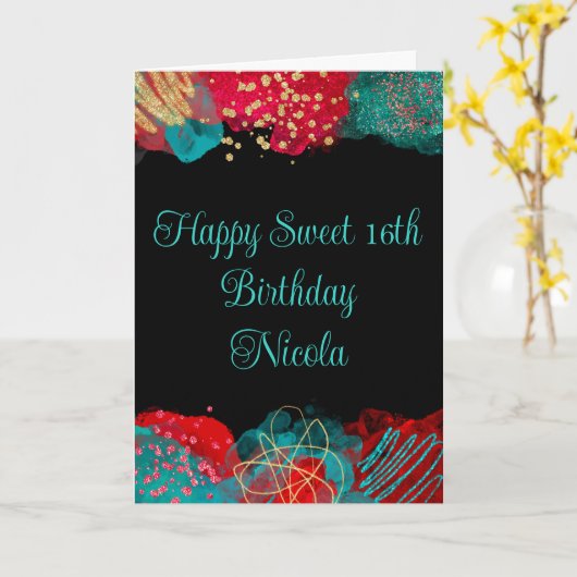 Roter und Aquamariner Blauer Alkoholtink Süß 16 Karte (Gelbe Blume)