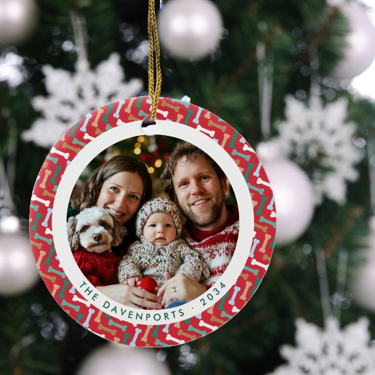 Roter und Aquamariner Dog-Knochen Familie Foto zwe Keramik Ornament