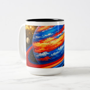Roter und blauer Planet mit Ringen Zweifarbige Tasse