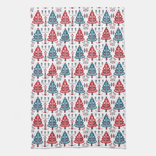 Roter und Blauer Weihnachtsbaum Folk Skandinavien Geschirrtuch (Vertikal)
