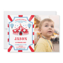 Roter und blauer Zirkus Geburtstag Foto Einladung