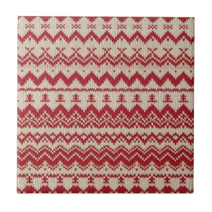 Roter und cremefarbener nordischer Strickrentier Fliese