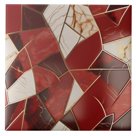 Roter und elfenbeinfarbener Marmoreffekt-Patchwork Fliese (Vorderseite)