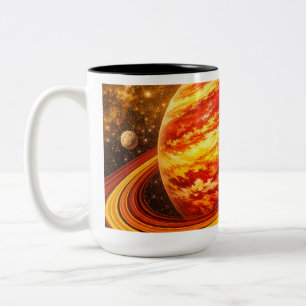 Roter und gelber Planet mit Ringen Zweifarbige Tasse