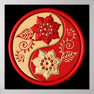 Roter und goldener floraler Yin Yang Poster