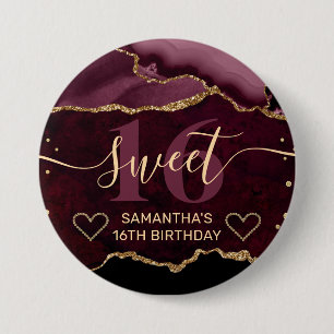 Roter und goldener Glitter-Achat-Marmor Sweet 16  Button