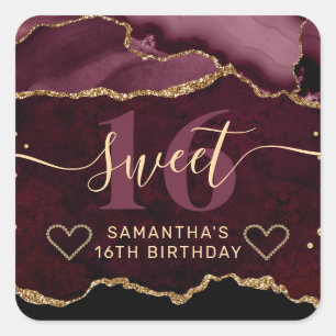 Roter und goldener Glitter-Achat-Marmor Sweet 16 Quadratischer Aufkleber