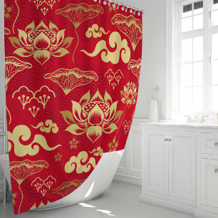 Roter und goldener Lotos, florales, orientalisches Duschvorhang