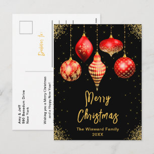 Roter und goldener Weihnachtsschmuck Frohe Weihnac Feiertagspostkarte