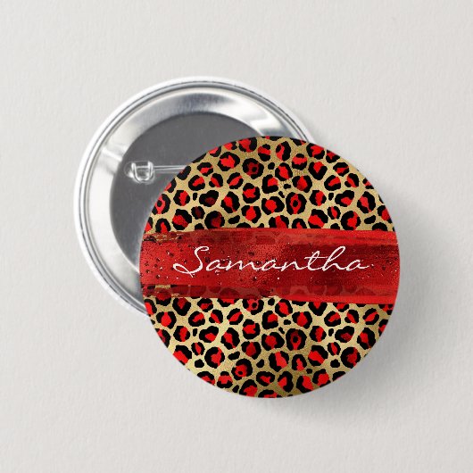Roter und goldfarbener Leopard Pinselstrich Button (Vorne & Hinten)