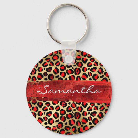 Roter und goldfarbener Leopard Pinselstrich Schlüsselanhänger (Vorderseite)
